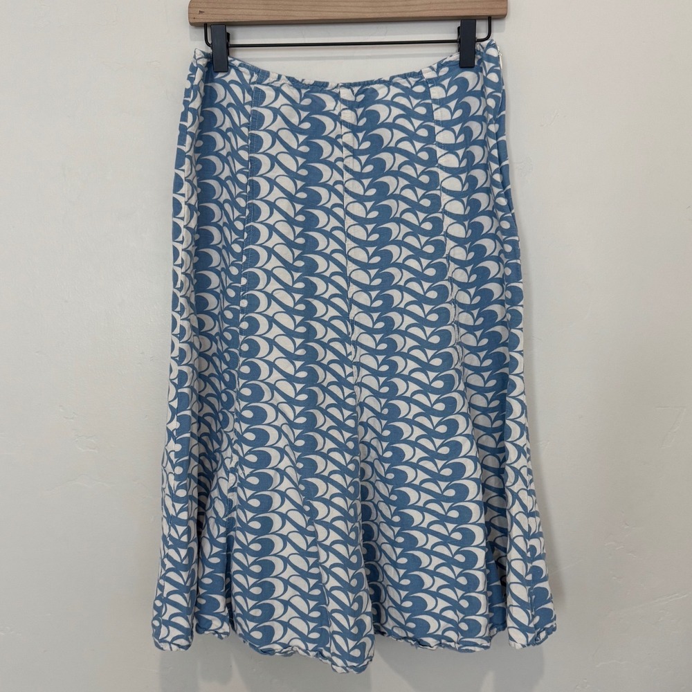 Emma James Blue White Abstract Print Linen Blend Midi Skirt Coastal Prep Size 6